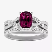Modern Bride Gemstone Womens 1/3 CT. T.W. Genuine Red Garnet 10K White Gold Cushion Side Stone Crossover Bridal Set