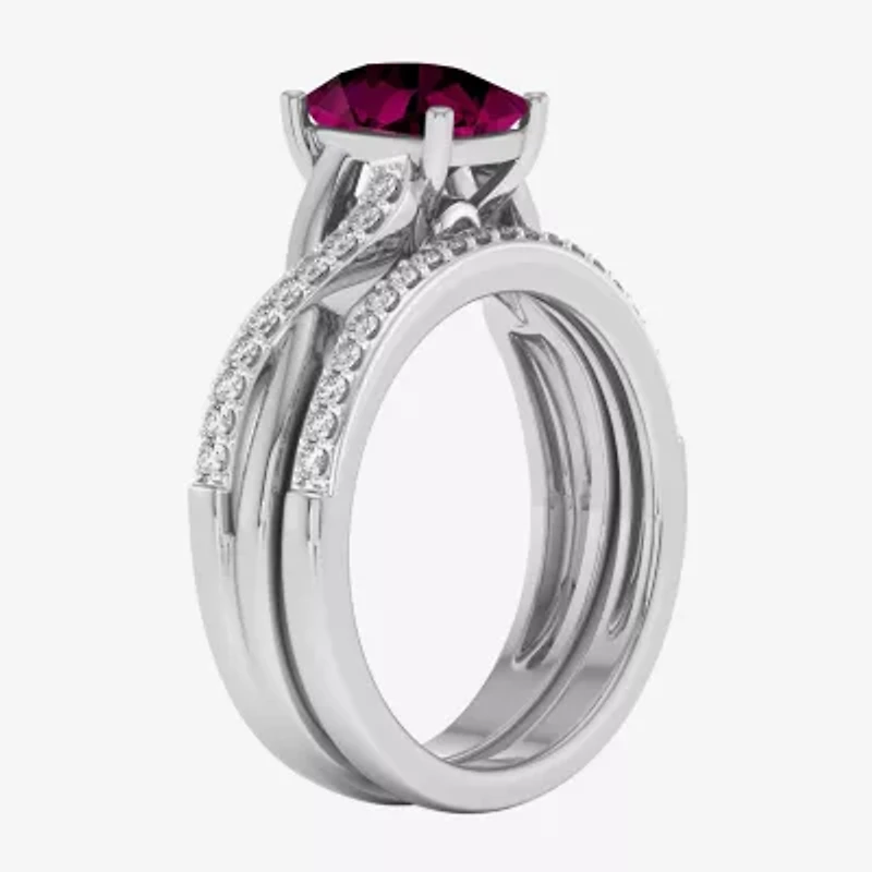 Modern Bride Gemstone Womens 1/3 CT. T.W. Genuine Red Garnet 10K White Gold Cushion Side Stone Crossover Bridal Set