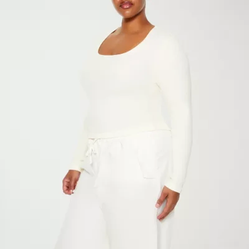 Forever 21 Womens U Neck Long Sleeve Juniors Plus T-Shirt