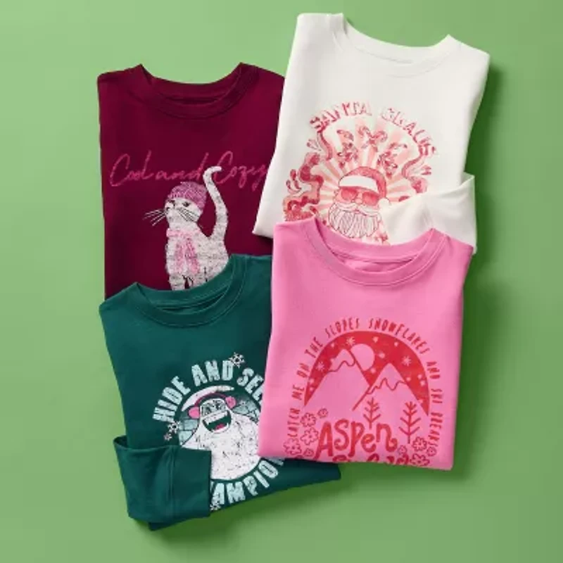 Thereabouts Little & Big Kid Girls Round Neck Long Sleeve Regular Fit Graphic T-Shirt