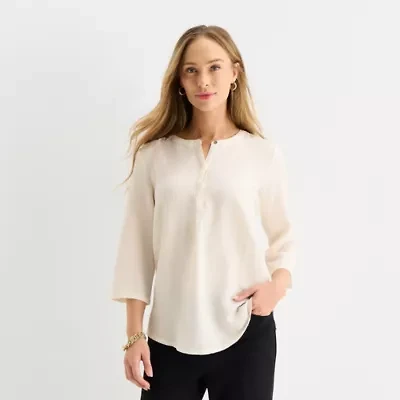 Liz Claiborne Womens Split Crew Neck 3/4 Sleeve Blouse