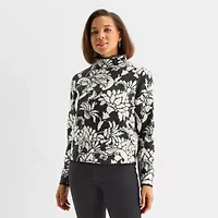 Liz Claiborne Womens Funnel Neck Long Sleeve Floral Pullover Sweater