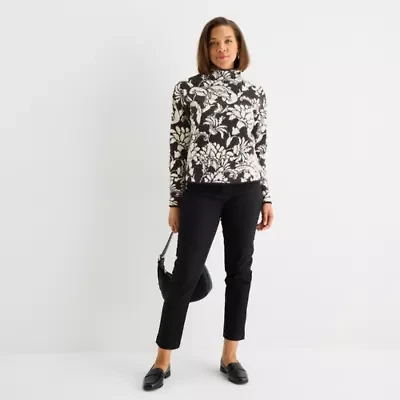 Liz Claiborne Womens Funnel Neck Long Sleeve Floral Pullover Sweater