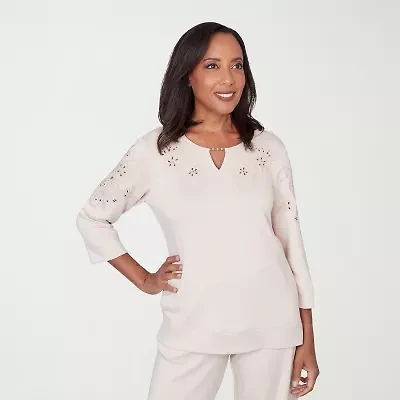 Alfred Dunner Seville Womens Split Crew Neck 3/4 Sleeve T-Shirt