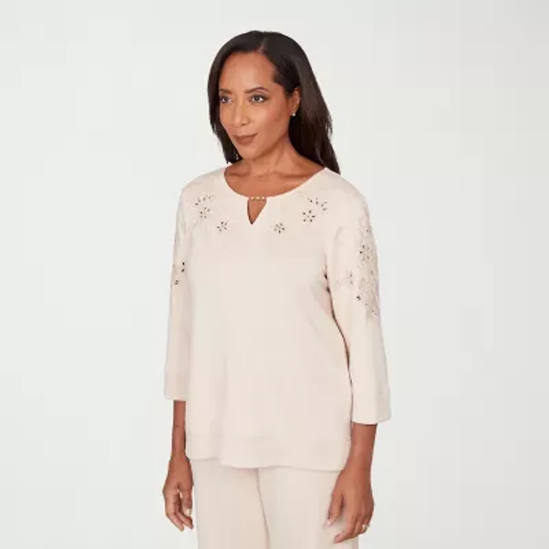 Alfred Dunner Seville Womens Split Crew Neck 3/4 Sleeve T-Shirt