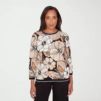 Alfred Dunner Seville Womens Crew Neck Embellished 3/4 Sleeve Floral Pullover Sweater