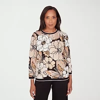 Alfred Dunner Seville Womens Crew Neck Embellished 3/4 Sleeve Floral Pullover Sweater