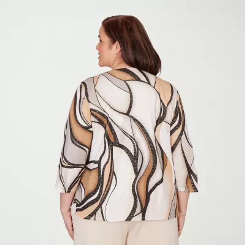 Alfred Dunner Seville Womens Plus Crew Neck 3/4 Sleeve T-Shirt