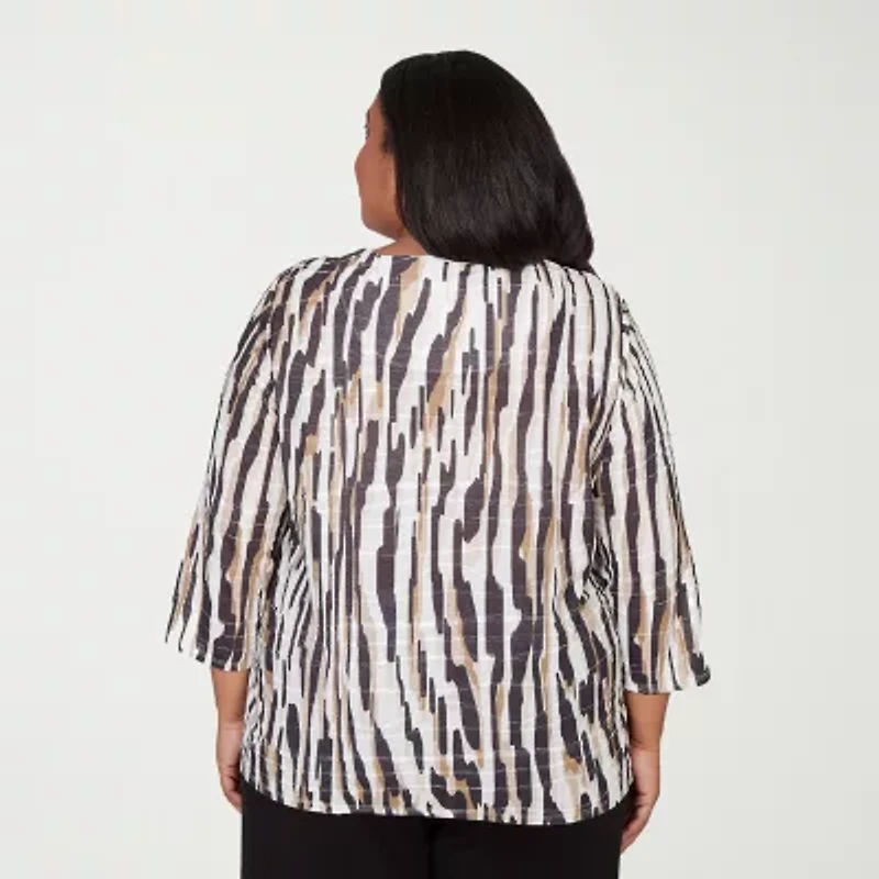 Alfred Dunner Seville Womens Plus Crew Neck 3/4 Sleeve T-Shirt