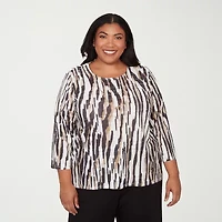 Alfred Dunner Seville Womens Plus Crew Neck 3/4 Sleeve T-Shirt