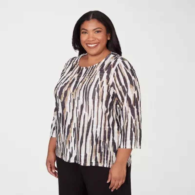 Alfred Dunner Seville Womens Plus Crew Neck 3/4 Sleeve T-Shirt