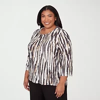 Alfred Dunner Seville Womens Plus Crew Neck 3/4 Sleeve T-Shirt