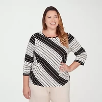 Alfred Dunner Seville Womens Plus Crew Neck 3/4 Sleeve T-Shirt