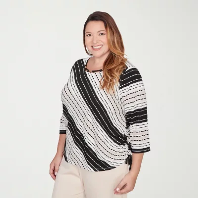 Alfred Dunner Seville Womens Plus Crew Neck 3/4 Sleeve T-Shirt