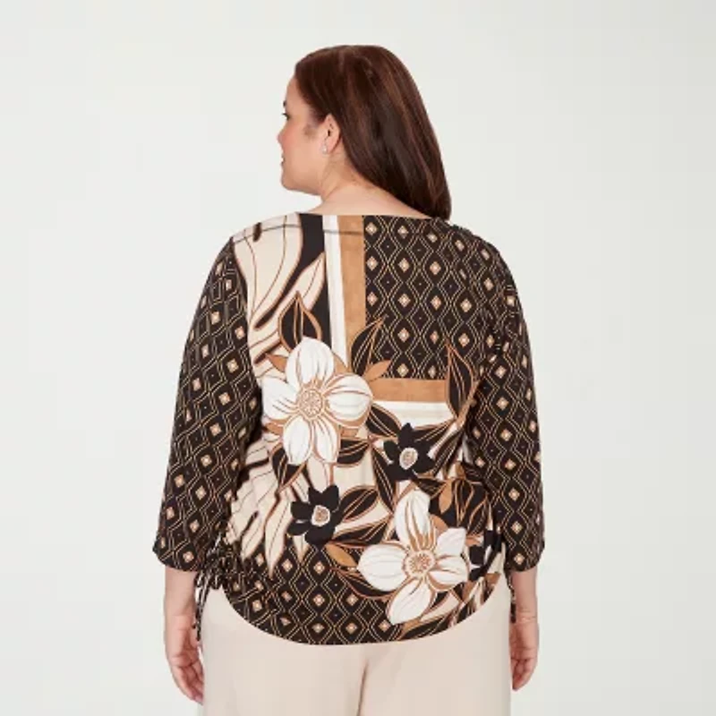 Alfred Dunner Seville Womens Plus Crew Neck 3/4 Sleeve T-Shirt