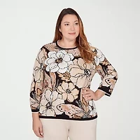 Alfred Dunner Plus Seville Womens Crew Neck 3/4 Sleeve Argyle Pullover Sweater