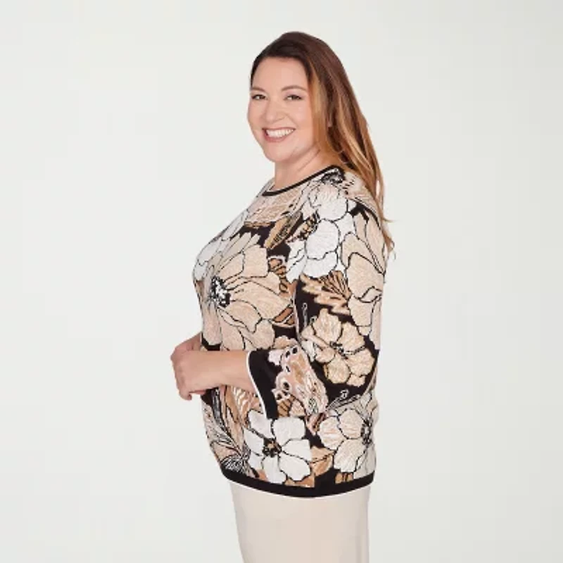 Alfred Dunner Plus Seville Womens Crew Neck 3/4 Sleeve Argyle Pullover Sweater