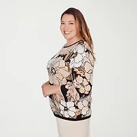 Alfred Dunner Plus Seville Womens Crew Neck 3/4 Sleeve Argyle Pullover Sweater