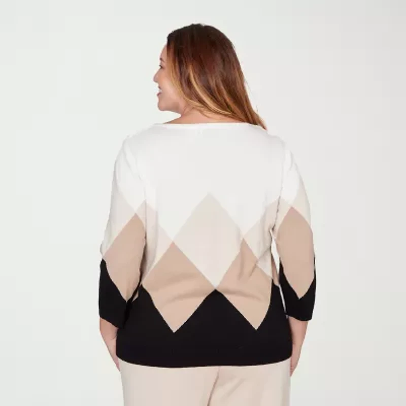 Alfred Dunner Plus Seville Womens Crew Neck Embellished 3/4 Sleeve Floral Pullover Sweater