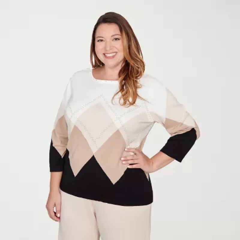 Alfred Dunner Plus Seville Womens Crew Neck Embellished 3/4 Sleeve Floral Pullover Sweater