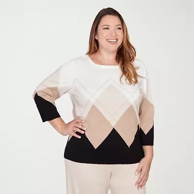 Alfred Dunner Plus Seville Womens Crew Neck Embellished 3/4 Sleeve Floral Pullover Sweater