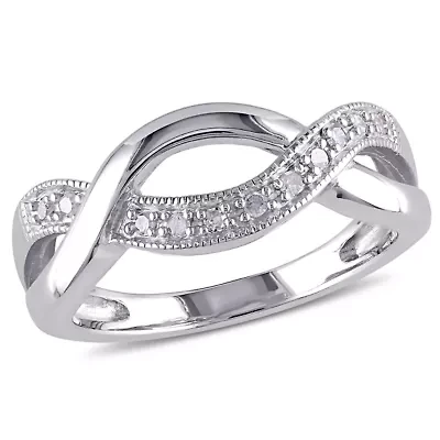 Womens 2mm 1/10 CT.T.W. Natural Diamond Sterling SIlver Round Crossover Ring