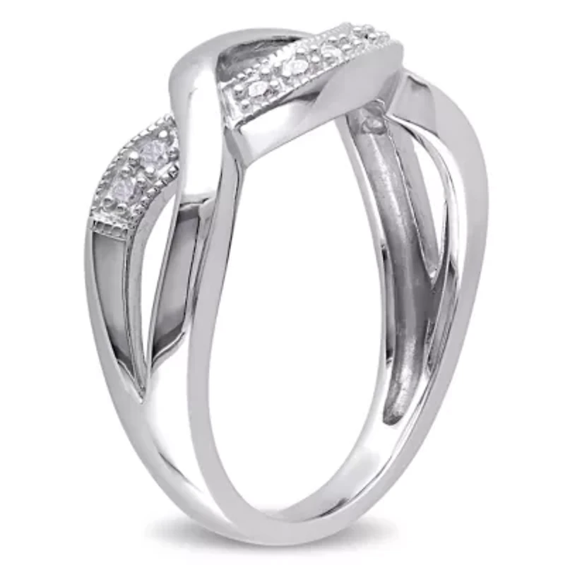 Womens 2mm 1/10 CT.T.W. Natural Diamond Sterling SIlver Round Crossover Ring