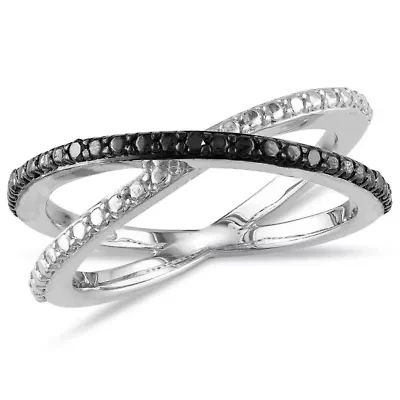 Midnight Black Womens 2mm Diamond-Accent Color-Enhanced Diamond  Round Crossover Ring Sterling Silver