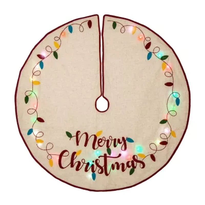 Glitzhome Led Embroidered Linen Merry Christmas Indoor Tree Skirt