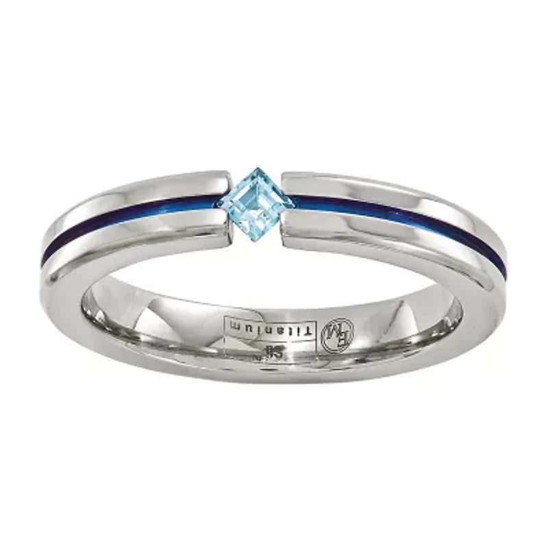 Mens 4MM Genuine Blue Topaz Titanium Wedding Band