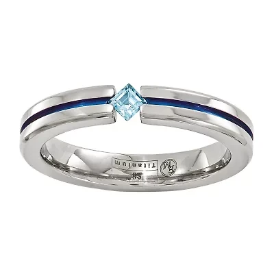 Mens 4MM Genuine Blue Topaz Titanium Wedding Band