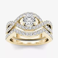 Womens 1 1/2 CT. T.W. Natural White Diamond 14K Gold Round Side Stone Crossover Bridal Set