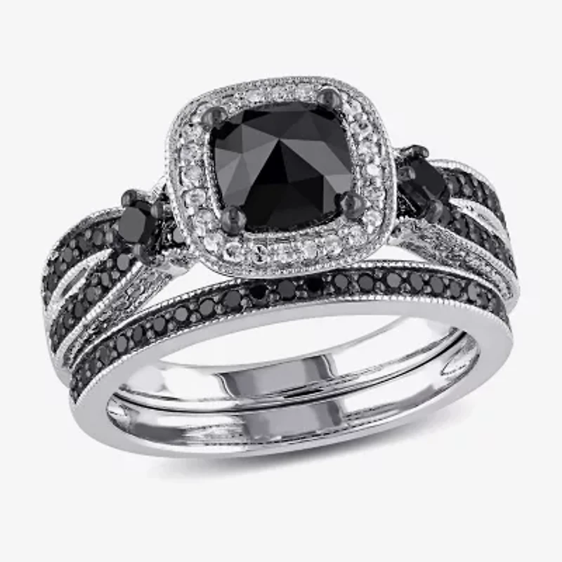 Womens 1 1/2 CT.T.W. Color Enhanced Black & White  Diamond Sterling Silver Bridal Set