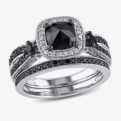 Womens 1 1/2 CT.T.W. Color Enhanced Black & White  Diamond Sterling Silver Bridal Set