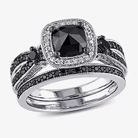 Womens 1 1/2 CT.T.W. Color Enhanced Black & White  Diamond Sterling Silver Bridal Set