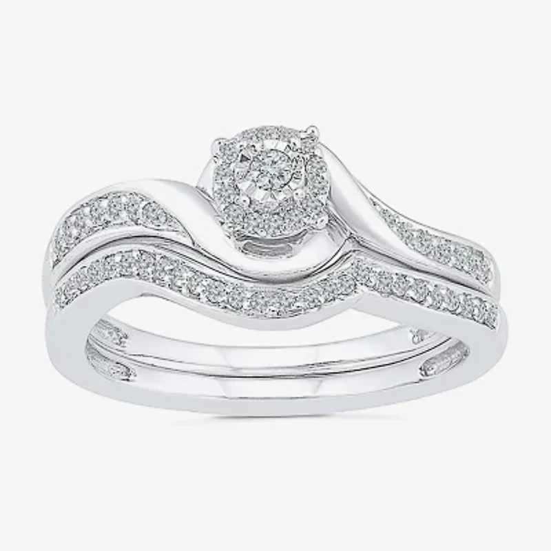 Womens 1/5 CT. Natural White Diamond Sterling Silver Round Side Stone Halo Bridal Set
