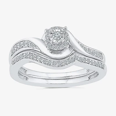 Womens 1/5 CT. Natural White Diamond Sterling Silver Round Side Stone Halo Bridal Set