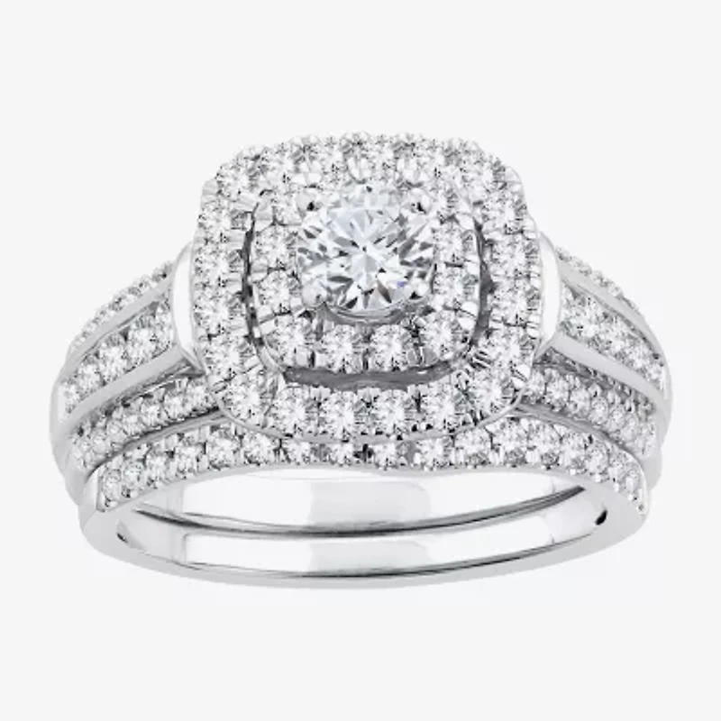 Signature By Modern Bride Womens 1 1/2 CT. T.W. Natural White Diamond 14K White Gold Cushion Bridal Set