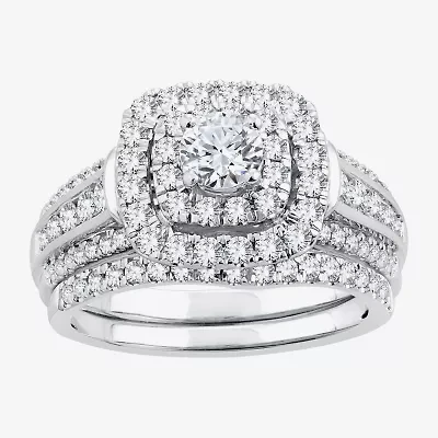 Signature By Modern Bride Womens 1 1/2 CT. T.W. Natural White Diamond 14K White Gold Cushion Bridal Set