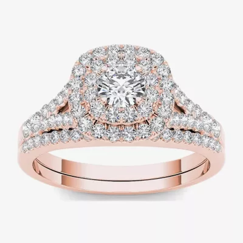 1 CT.T.W. Natural Diamond Halo 10K Rose Gold Engagement Ring Set