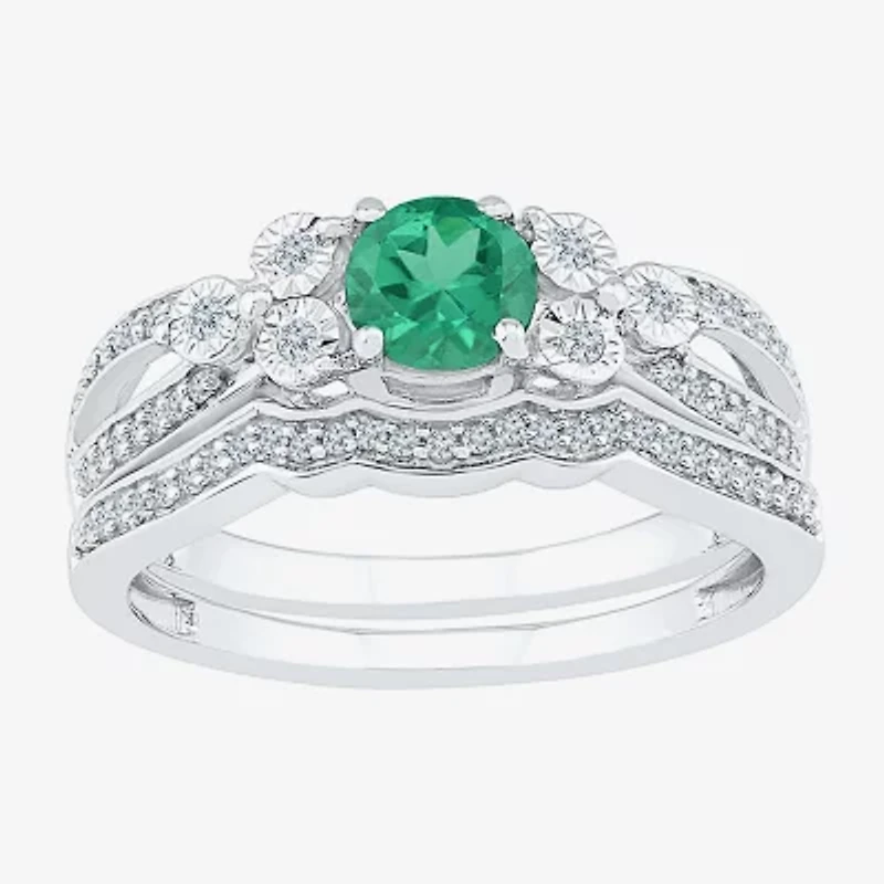 Modern Bride Gemstone Lab Created Emerald & 1/5 CT. T.W. Diamond Sterling Silver Bridal Set