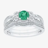 Modern Bride Gemstone Lab Created Emerald & 1/5 CT. T.W. Diamond Sterling Silver Bridal Set