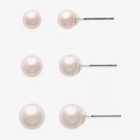 Mixit Womens Pink Glass Simulated Pearl Hypoallergenic 3 Pair Earring Set