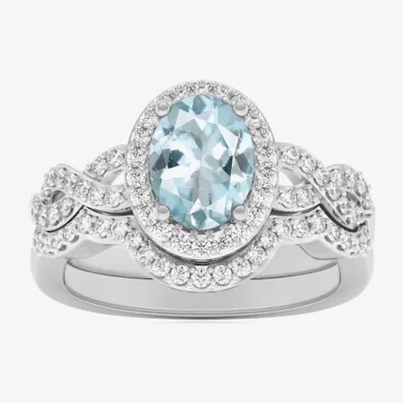 Modern Bride Gemstone Womens 1/2 CT. T.W. Genuine Blue Topaz 10K White Gold Oval Side Stone Crossover Engagement Ring