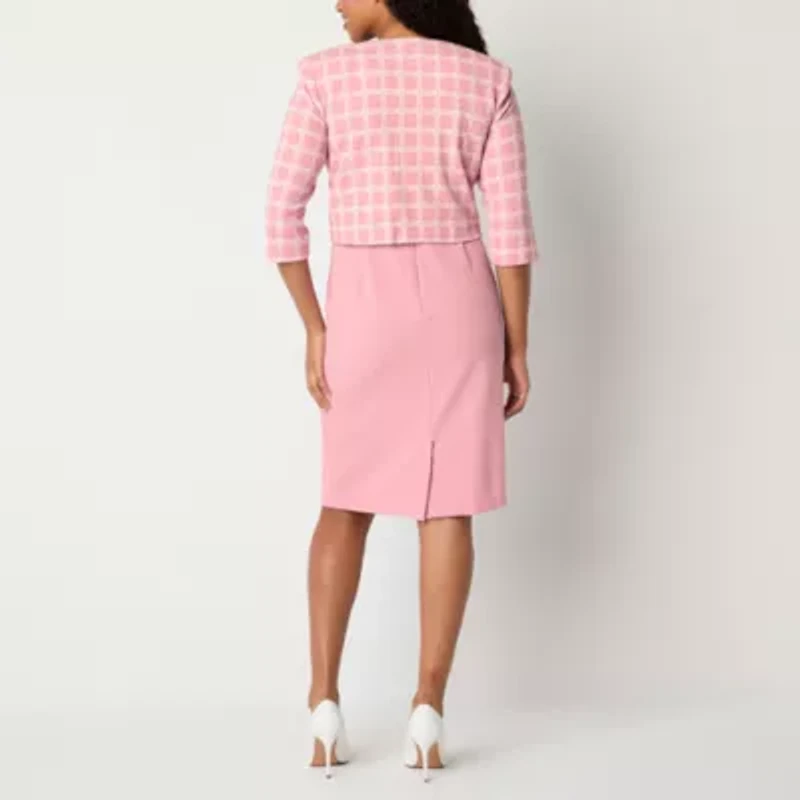 Maya Brooke Womens Pearl Trim Plaid Jacket Dress