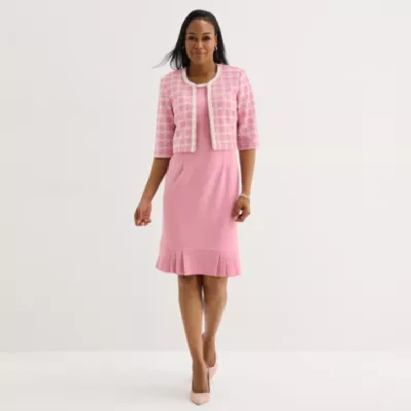 Maya Brooke Womens Pearl Trim Grid Jacket Dress