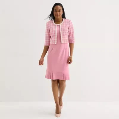 Maya Brooke Womens Pearl Trim Grid Jacket Dress