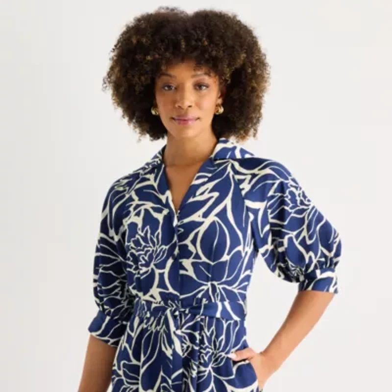 52seven Womens 3/4 Sleeve Abstract Midi Fit + Flare Dress