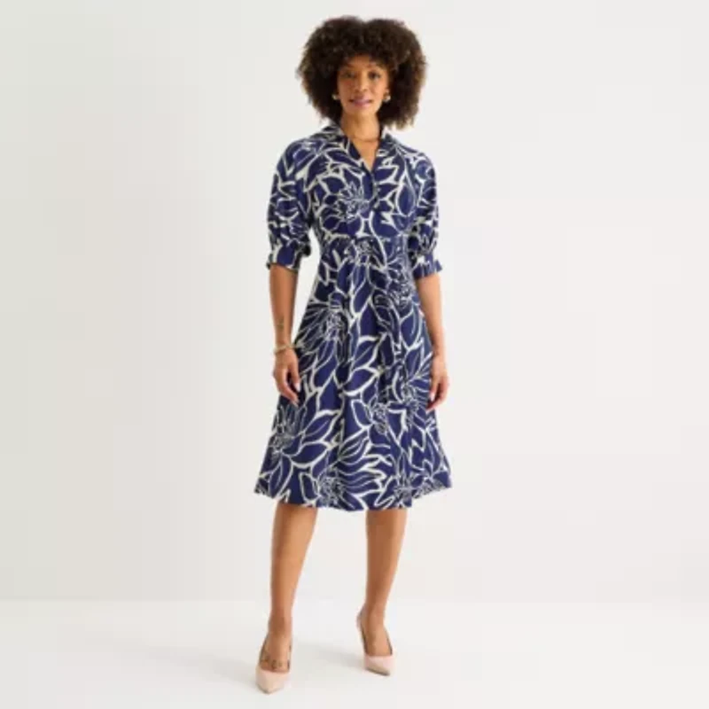 52seven Womens 3/4 Sleeve Abstract Midi Fit + Flare Dress