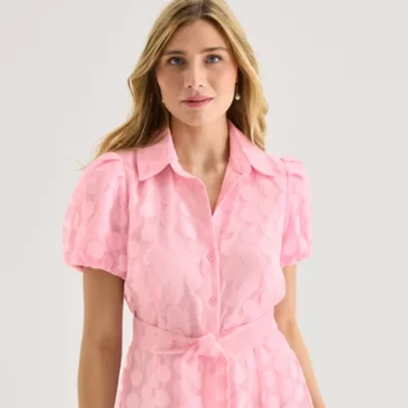 52seven Womens Short Sleeve Midi Dots Shirt Dress